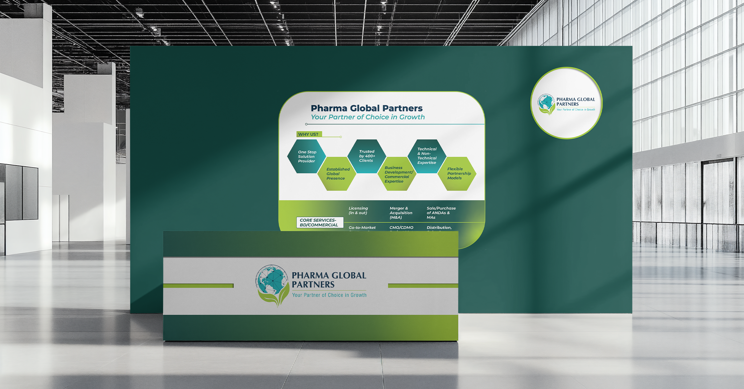 Pharma Global Partners exhibition booth featuring branded reception desk, informational display panel, and corporate graphics in a modern trade show venue.