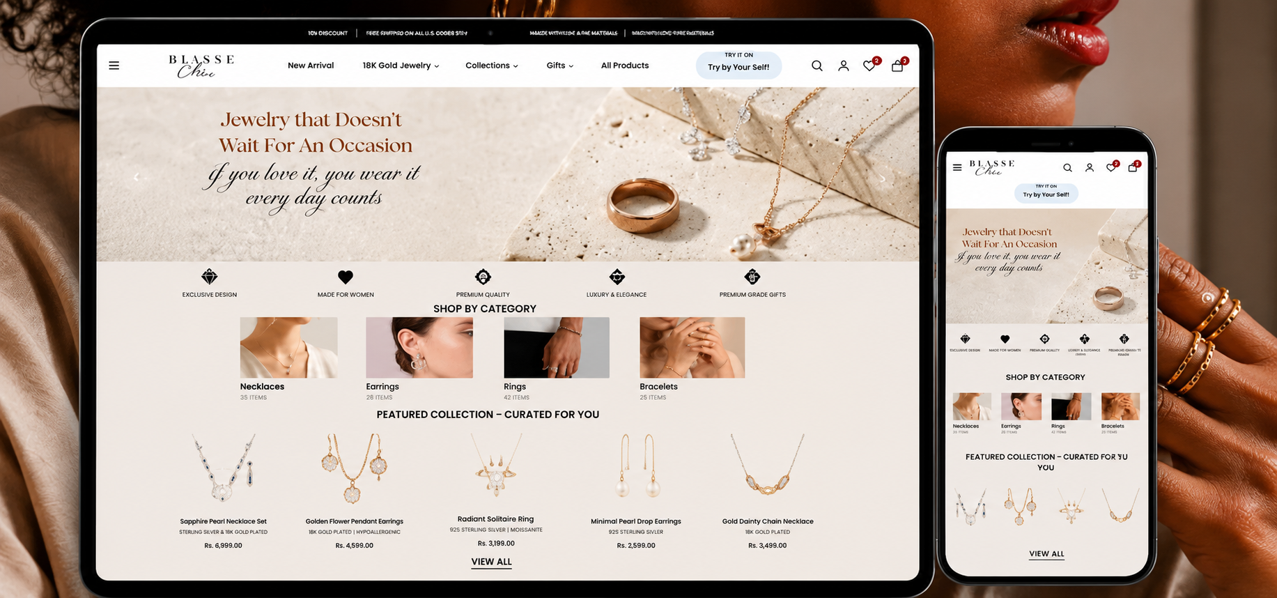 Luxury jewellery e-commerce website displayed on a tablet and smartphone, featuring necklaces, earrings, rings, and bracelets with a premium beige and gold aesthetic.