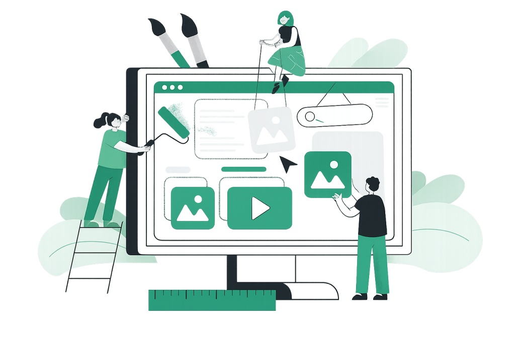 Illustration of a team designing and managing a digital website interface with creative design and web development elements.