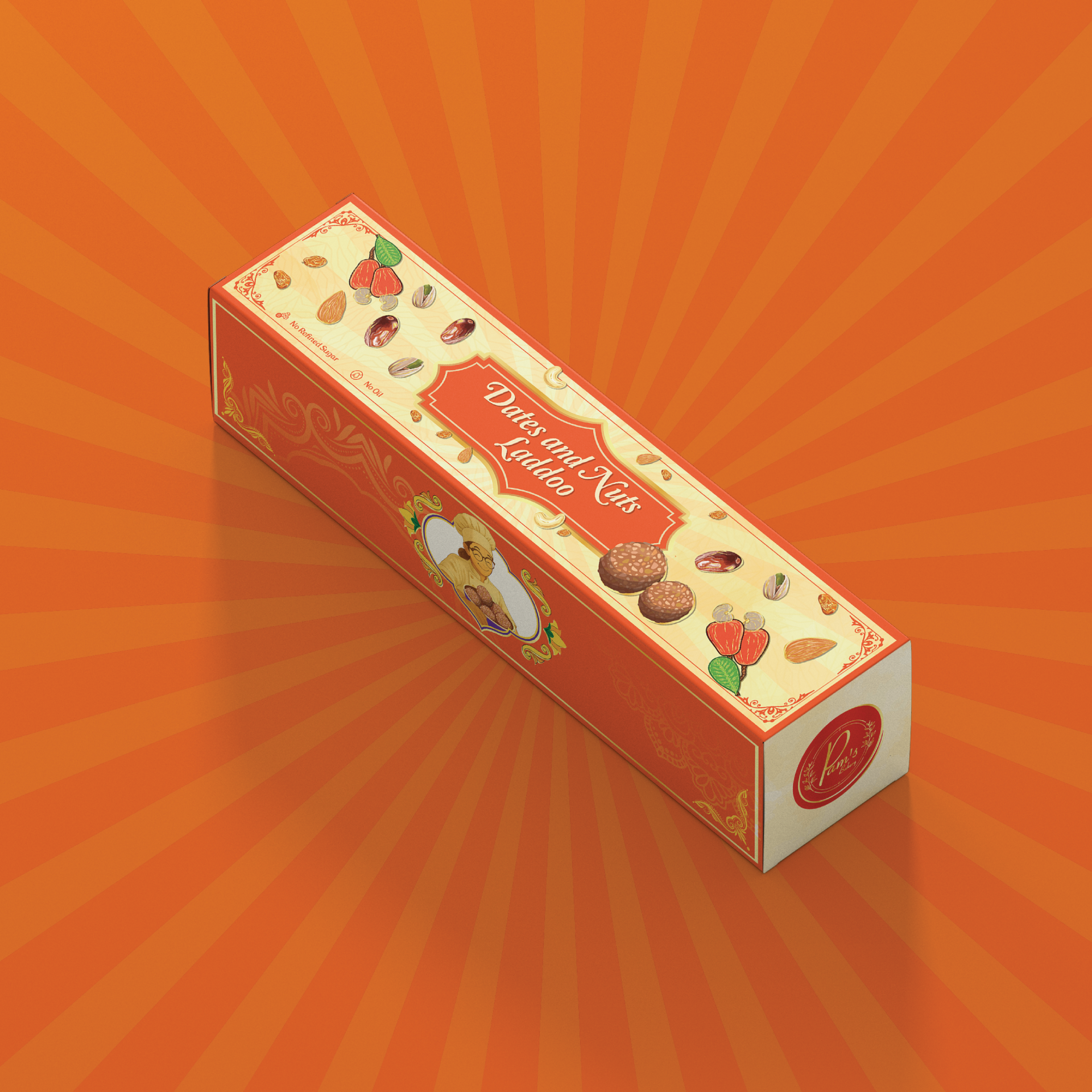 Premium dates and nuts packaging box displayed at an angle against an orange radial background.