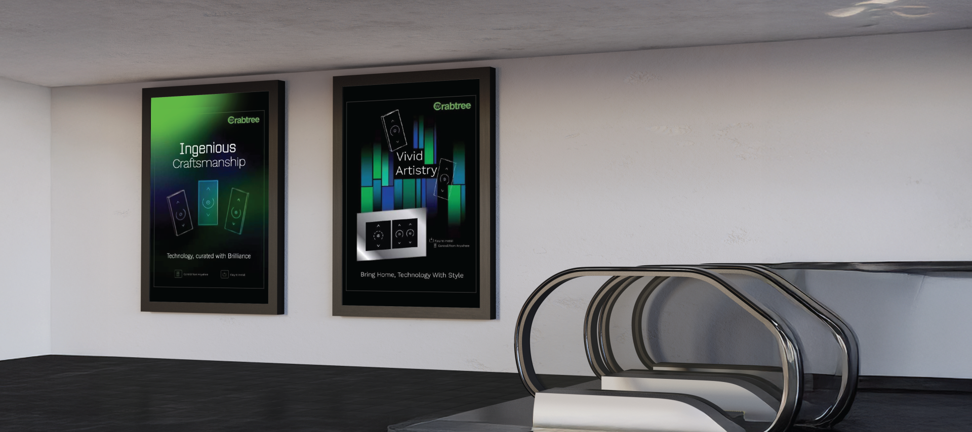 Crabtree poster designs displayed in black frames, featuring modern technology-themed visuals with green and blue gradients.
