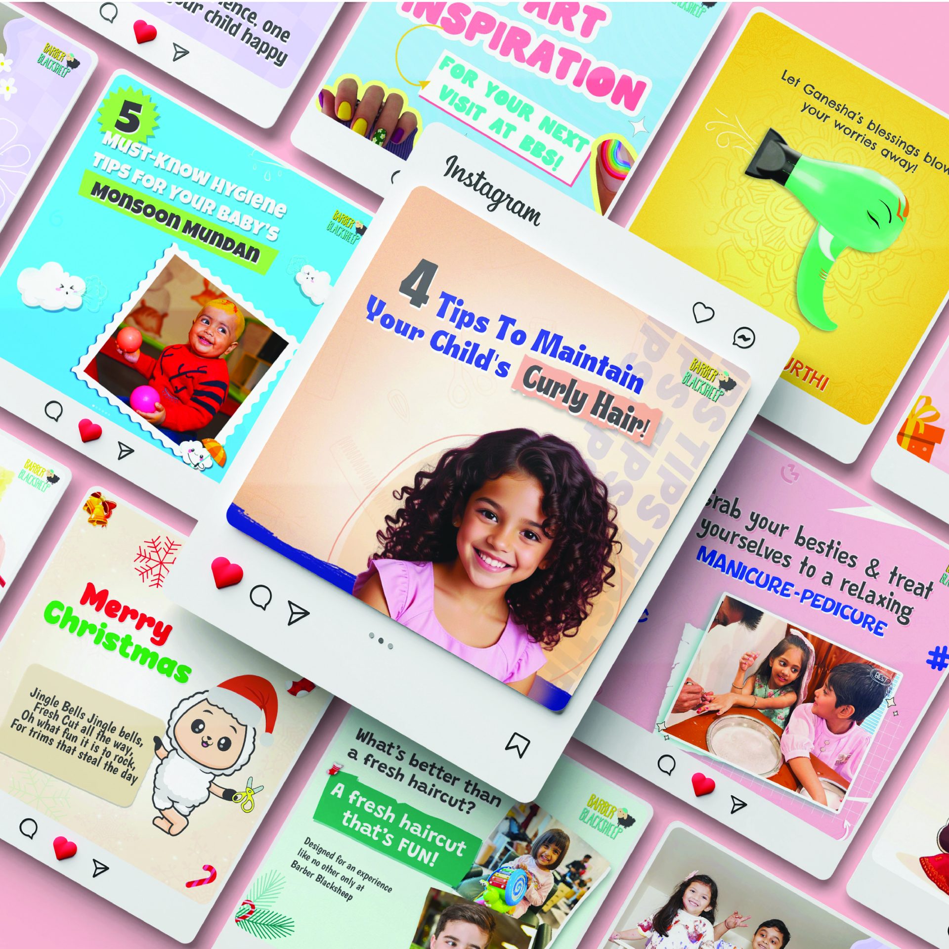 Colorful social media post designs for Barber Blacksheep featuring children’s grooming, hair care, festive content, and family-friendly activities.
