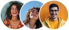 Three diverse young professionals smiling in circular portrait frames, representing a vibrant and inclusive audience.