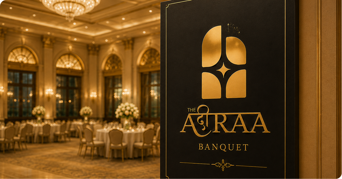 Luxury Agraa Banquet branding sign featuring a black panel with gold foil logo and typography, displayed at the entrance of an elegant banquet hall with chandeliers, round dining tables, and sophisticated event décor.