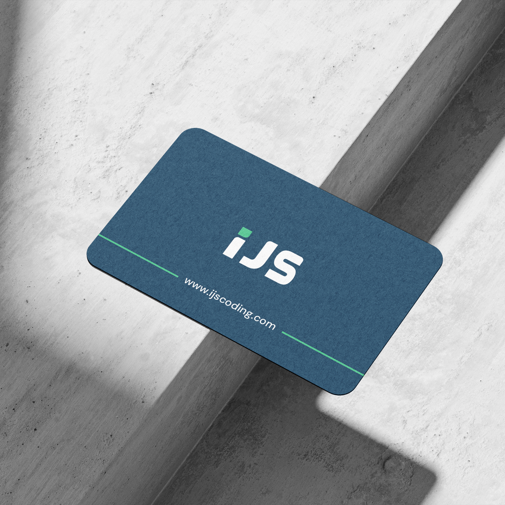 IJS Coding business card mockup featuring a blue textured design with the IJS logo and website address.