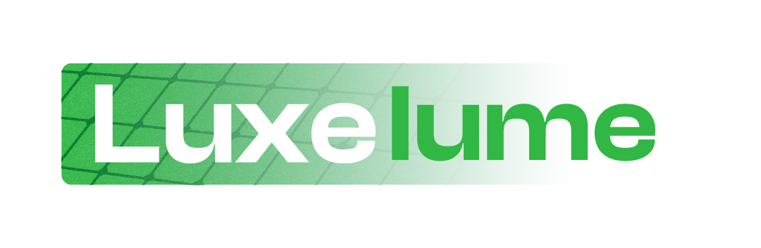 Luxelume logo in white and green on a textured green background.