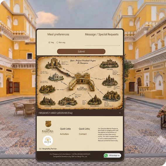 Fort Rampura website interface mockup featuring a heritage travel map, meal preference form, FAQs, quick links, and WhatsApp contact.
