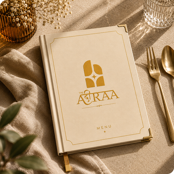 Luxury restaurant menu cover for The Agraa, featuring a cream leather-style design, gold logo, decorative border, and elegant table setting.