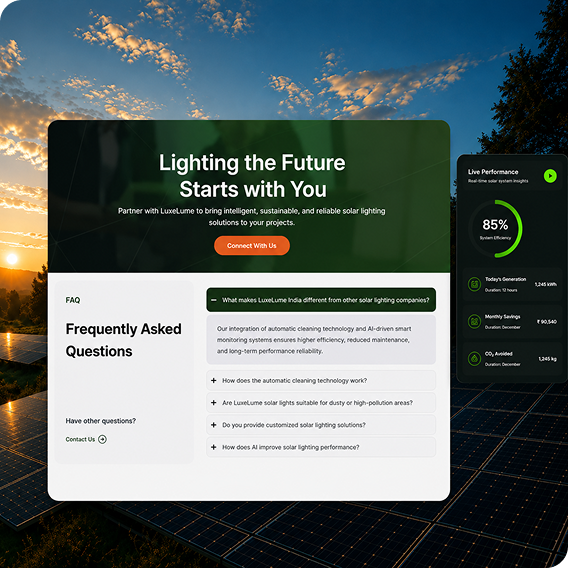 Luxelume solar lighting website mockup featuring an FAQ section, automated solar lighting messaging, and live performance dashboard.