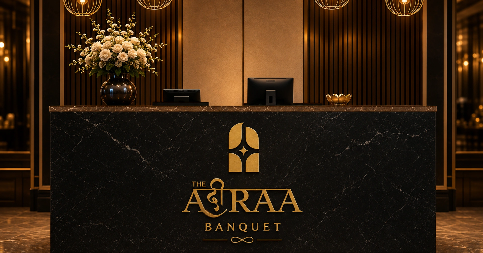 Elegant reception desk at The Agraa Banquet featuring a black marble front with gold logo branding, complemented by floral arrangements, pendant lighting, and a luxurious hospitality interior.