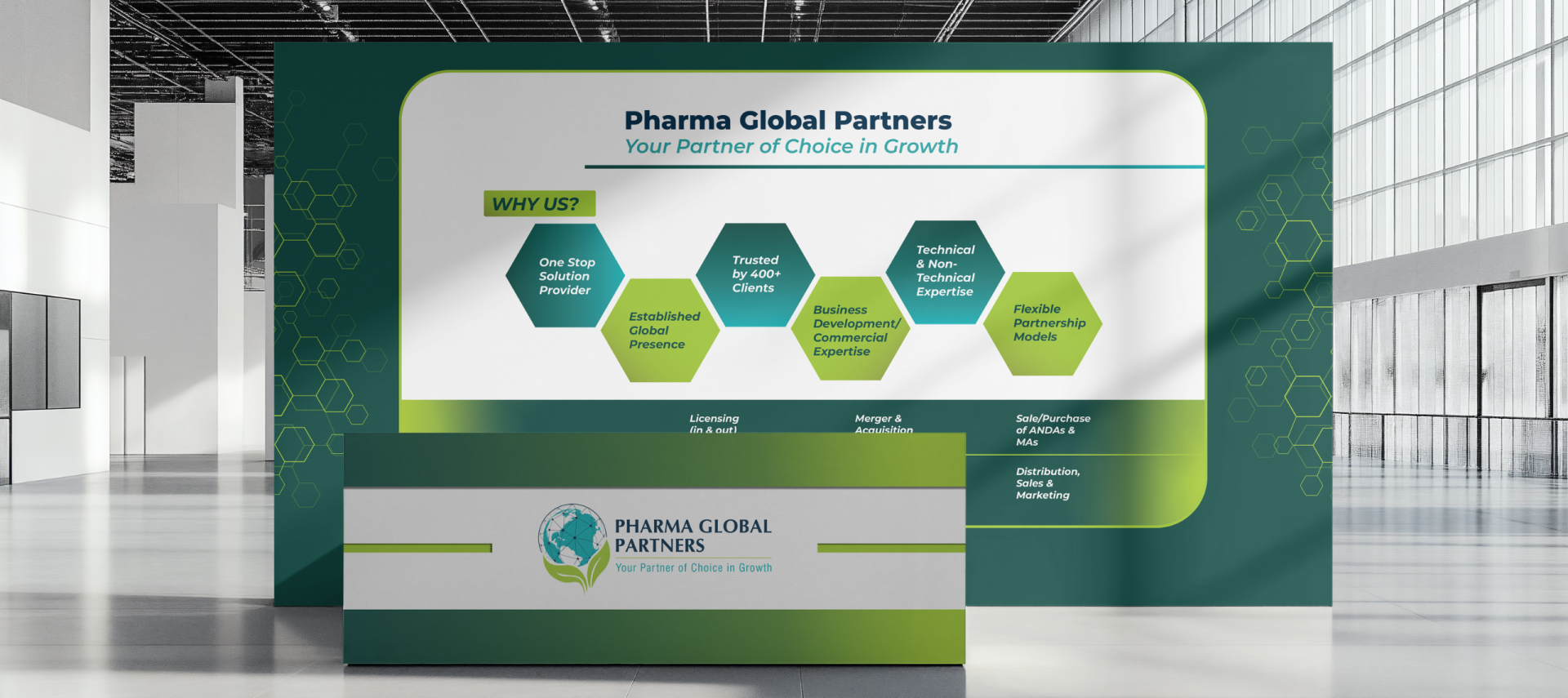 Pharma Global Partners exhibition stall design featuring a branded backdrop, reception counter, and corporate messaging.