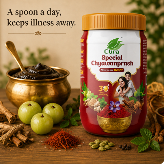 Cura Special Chyawanprash product advertisement featuring a jar with kesar, amla, herbs, and traditional Ayurvedic ingredients.