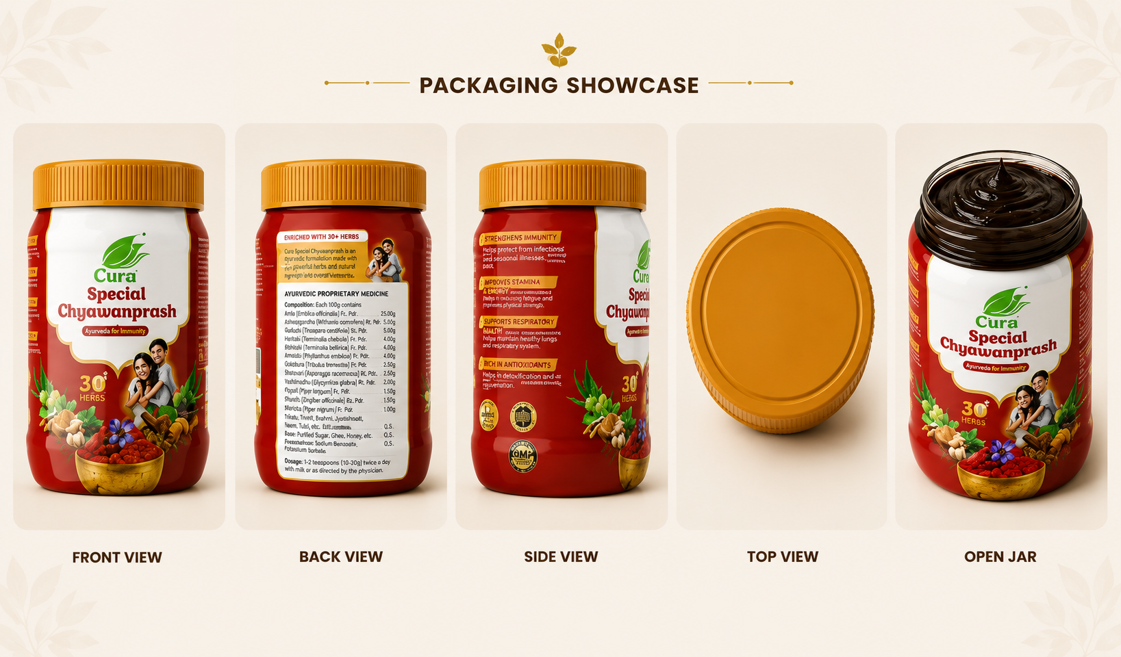 Cura Special Chyawanprash packaging showcase displaying front, back, side, top, and open jar views with red and gold branding.