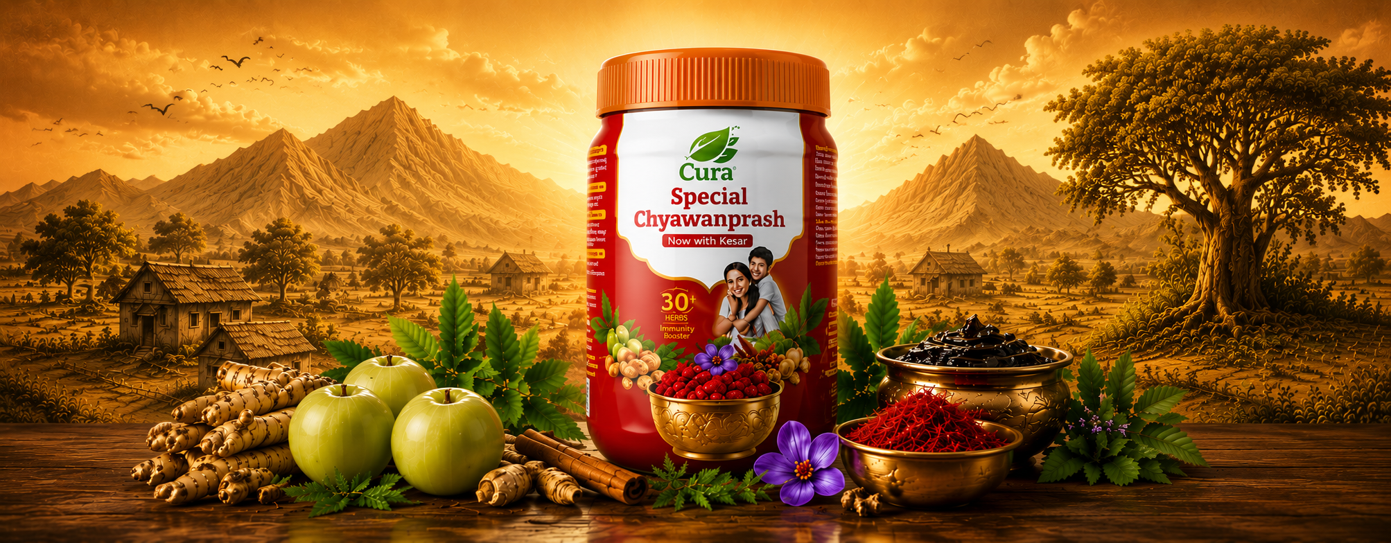 Cura Special Chyawanprash jar with saffron displayed alongside amla, herbs, spices, and berries against a golden mountain village landscape.