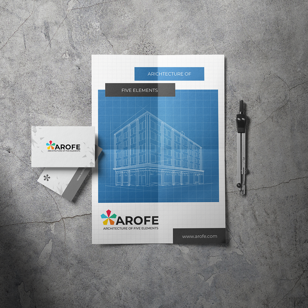 Architecture of Five Elements brochure and business card mockup for AROFE, featuring a blue architectural blueprint, logo, and drafting compass on a concrete surface.