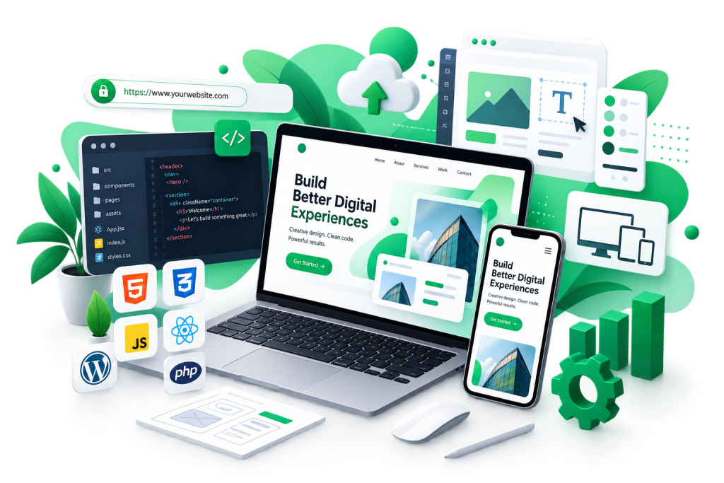 Website development and responsive web design illustration featuring coding tools, WordPress, JavaScript, PHP, HTML, CSS, UI design, and multiple devices.
