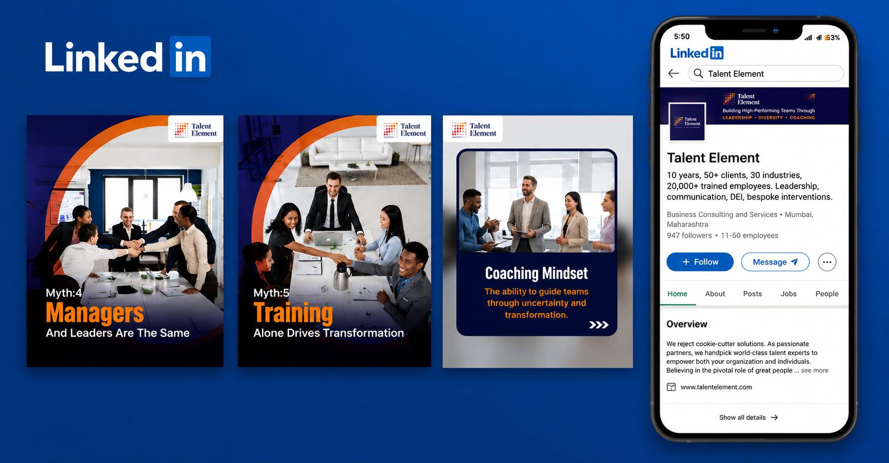 Talent Element LinkedIn profile and social media content showcase featuring leadership, training, and coaching-focused creatives.
