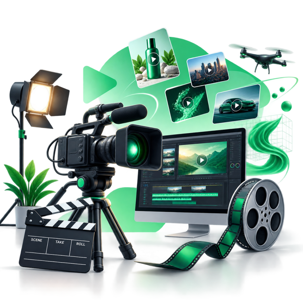 Creative production setup featuring a professional video camera, studio light, editing workstation, film reel, drone, and multiple video content screens.