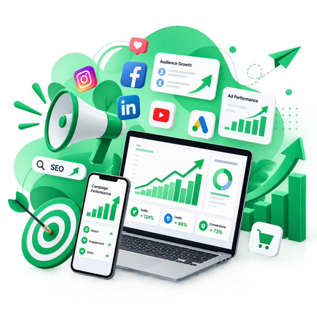 Digital marketing illustration featuring SEO, social media platforms, online advertising, campaign analytics, audience growth, and performance charts.