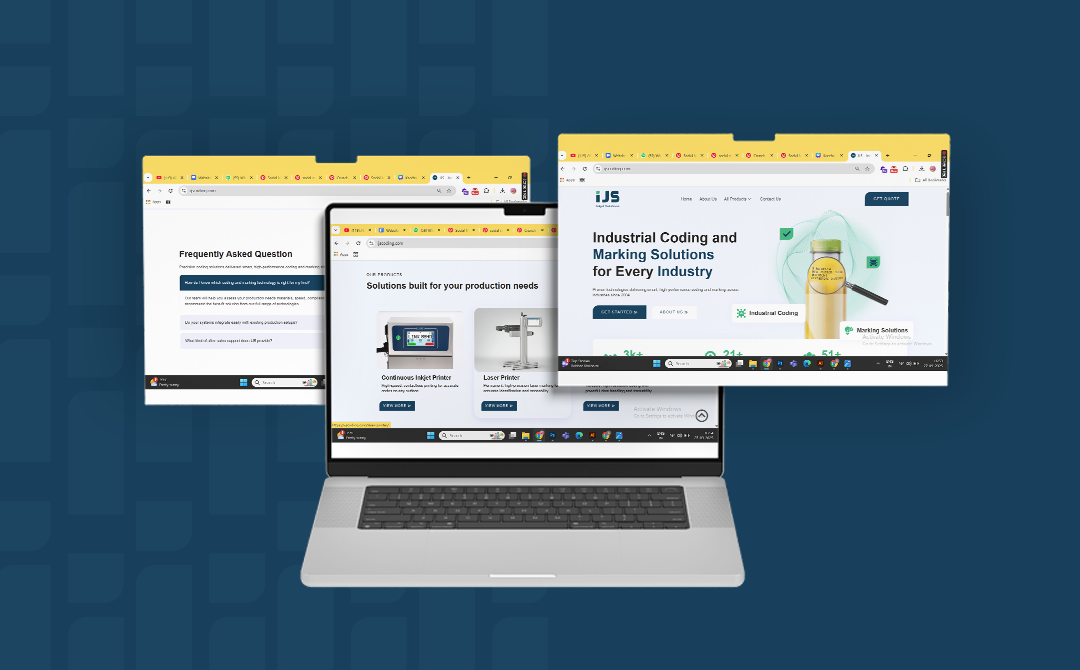 IJS industrial coding and marking website displayed across a laptop and multiple browser windows in a professional website mockup.