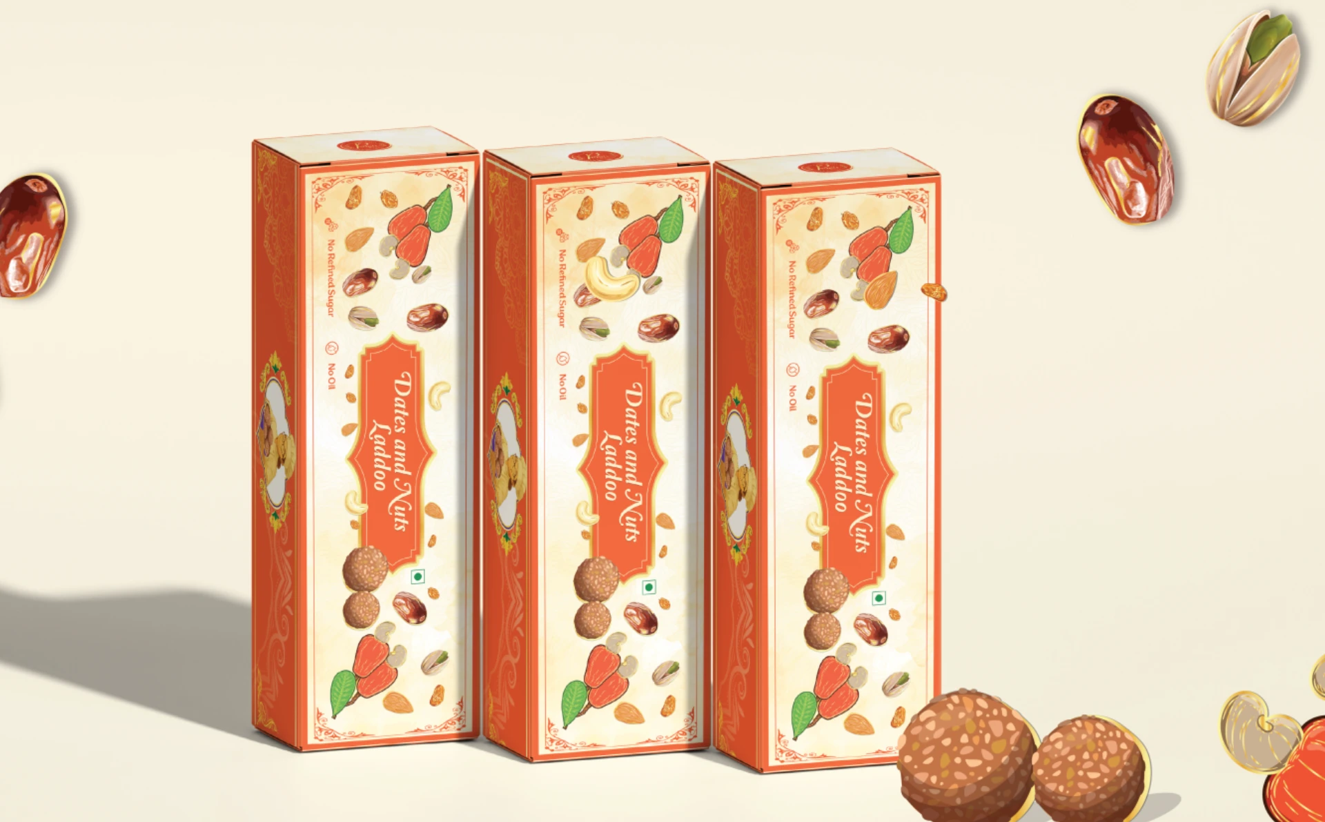 Dates and nuts laddoo packaging displayed in three illustrated orange and cream boxes with scattered dates, nuts, and laddoo elements.
