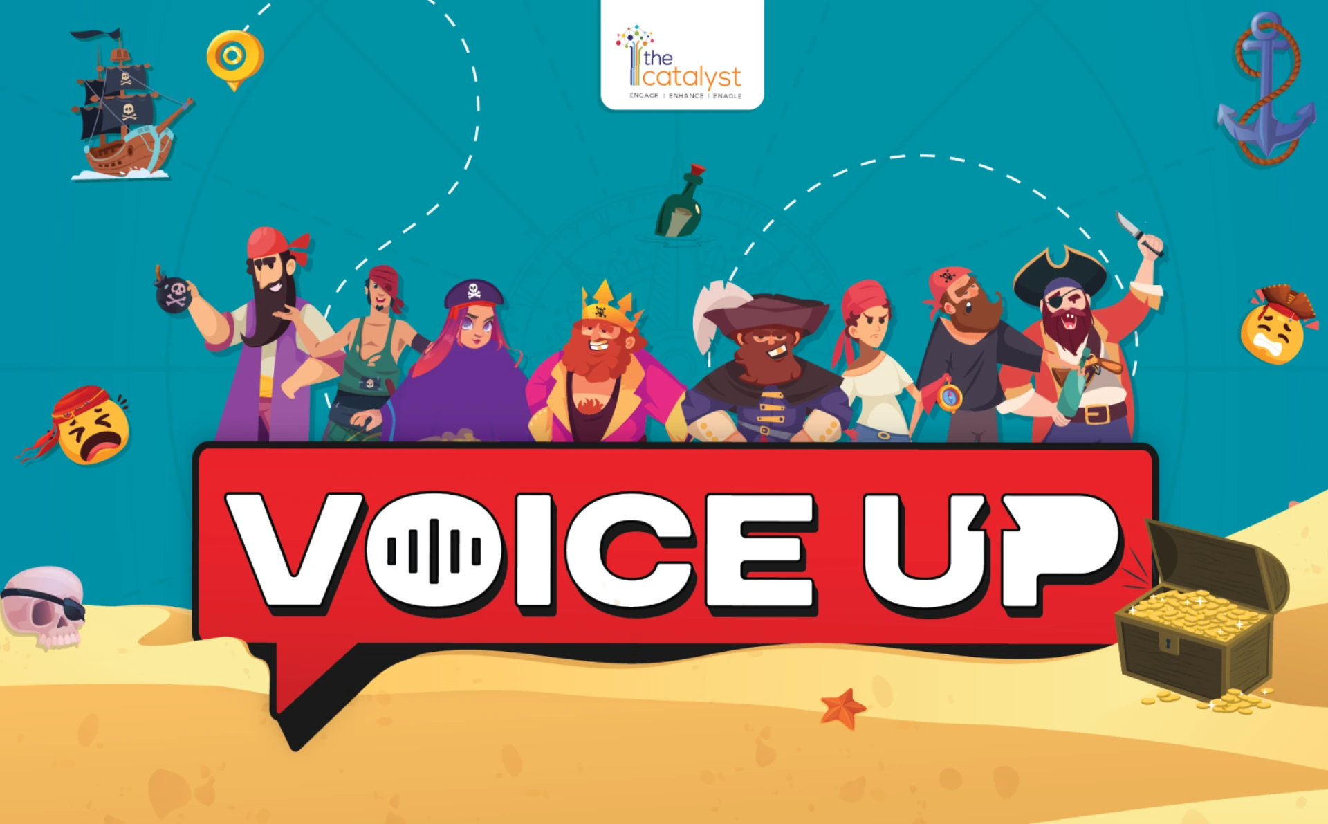 The Catalyst Voice Up board game concept featuring illustrated pirate characters, a large speech bubble logo, treasure chest, and nautical-themed graphics.