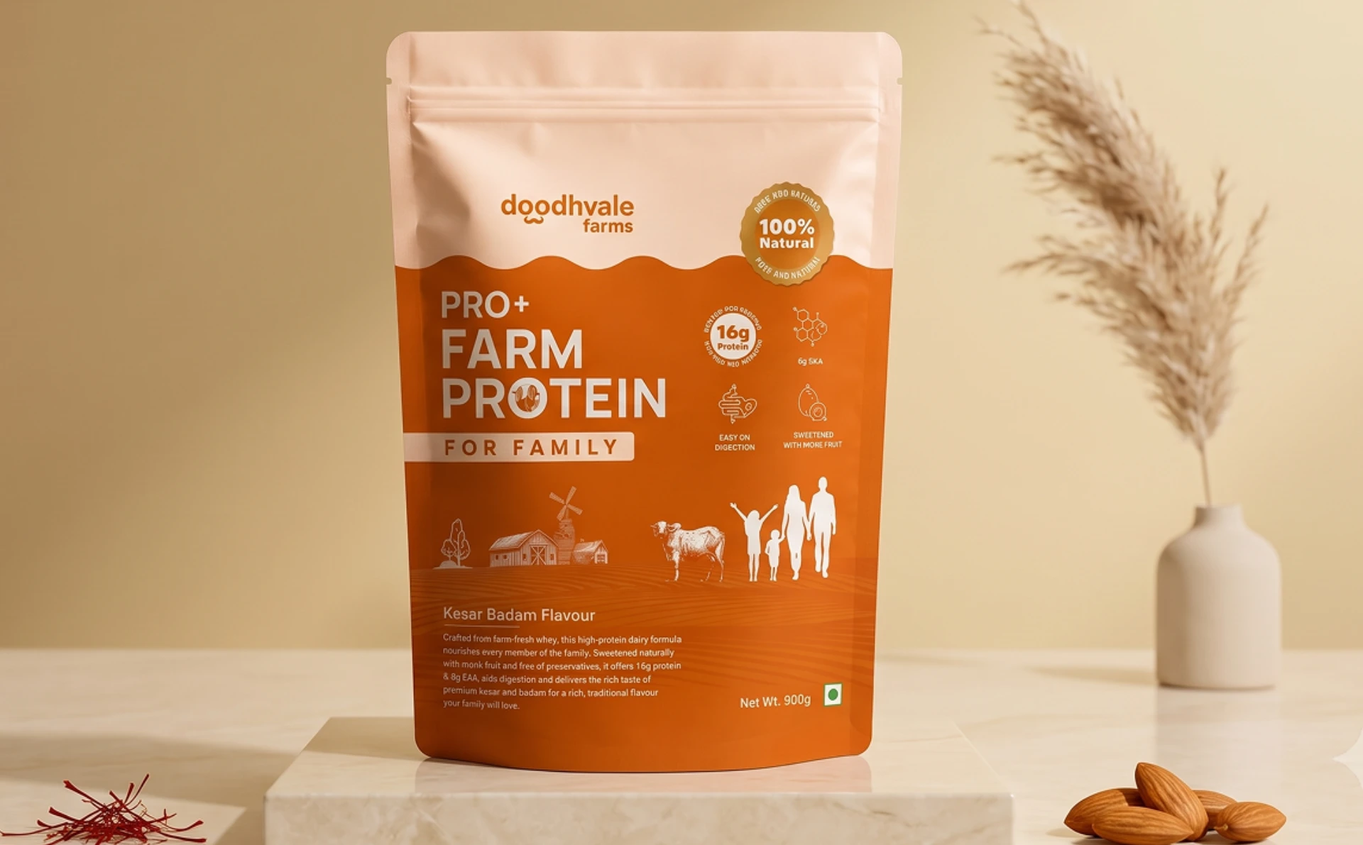 Doodhvale Farms Pro+ Farm Protein packaging in Kesar Badam flavour, displayed on a pedestal in a warm, natural setting.
