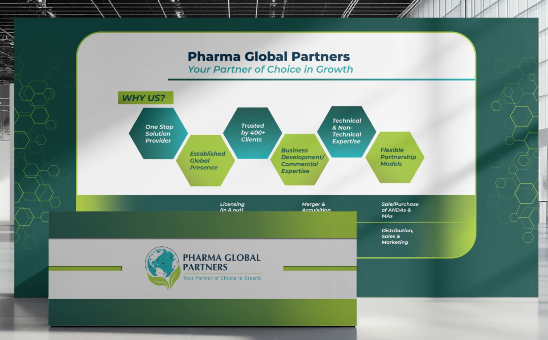 Pharma Global Partners exhibition booth design featuring a corporate presentation wall, business service highlights, and branded reception counter.