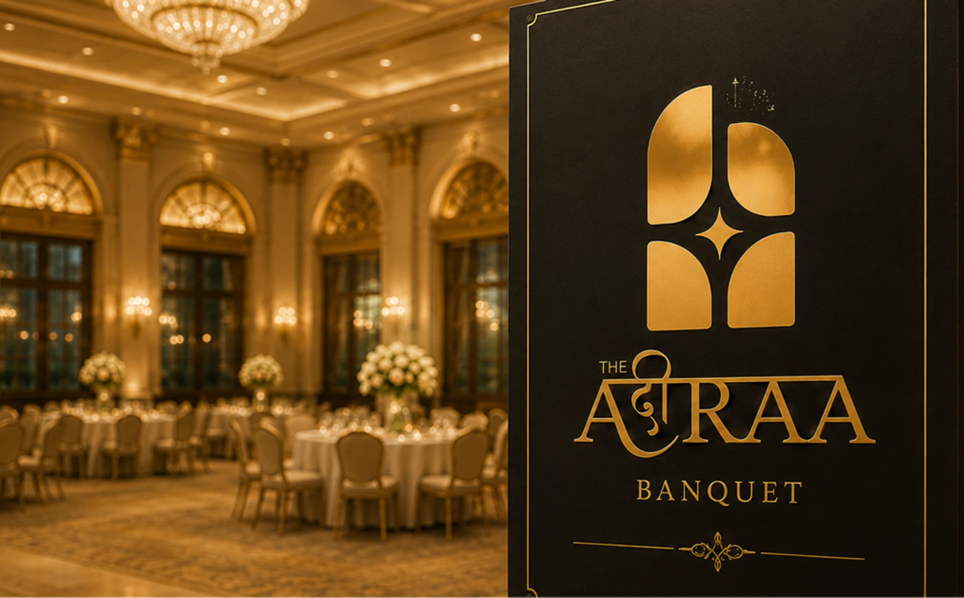 Luxury banquet hall branding showcase featuring The Agraa Banquet gold logo on a black sign in an elegant, opulent event space.