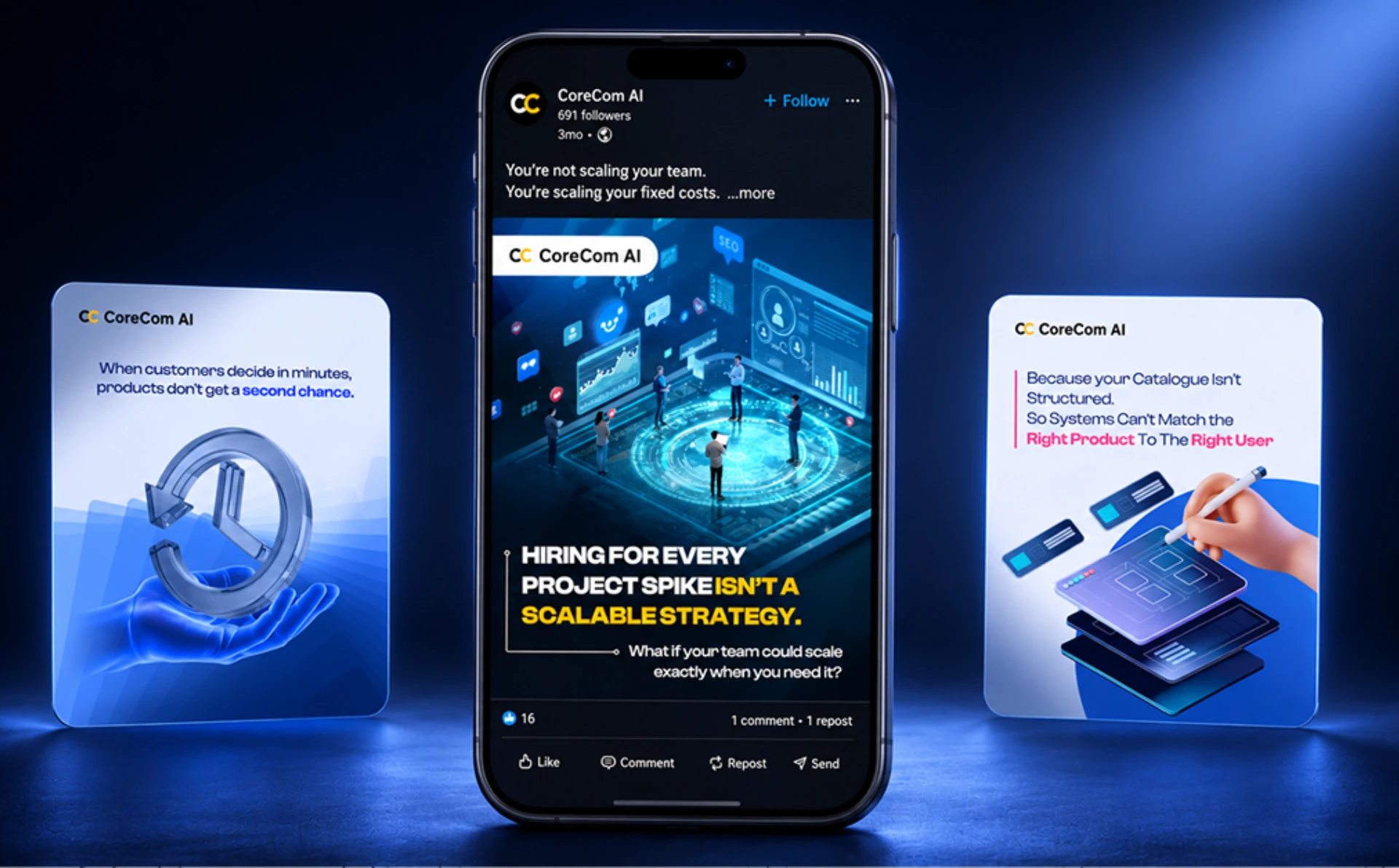 CoreCom AI social media campaign showcase featuring LinkedIn content about scalable teams, product catalogues, and AI-driven business solutions.
