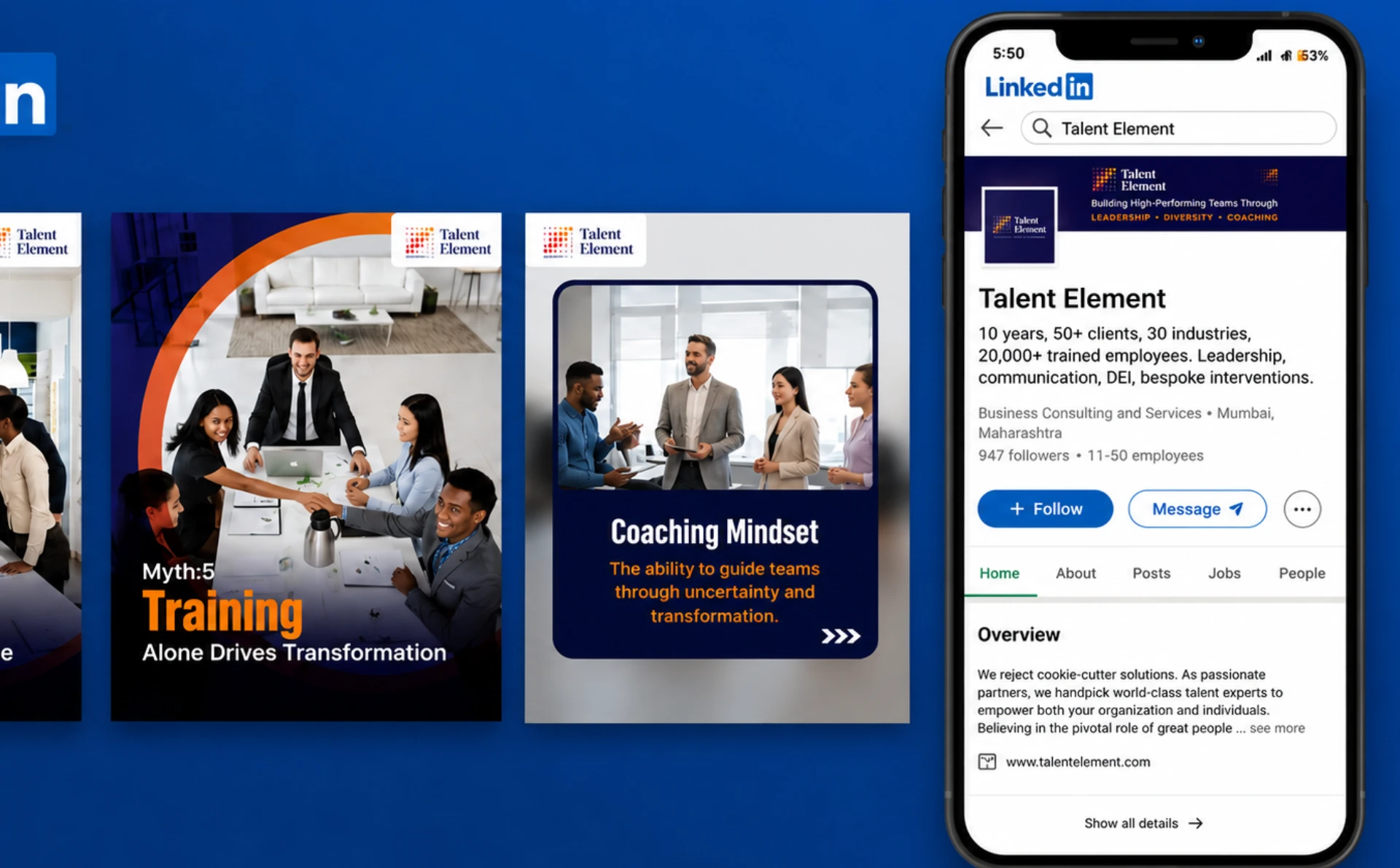 Talent Element LinkedIn social media campaign showcase featuring leadership, training, coaching, and professional team development content.
