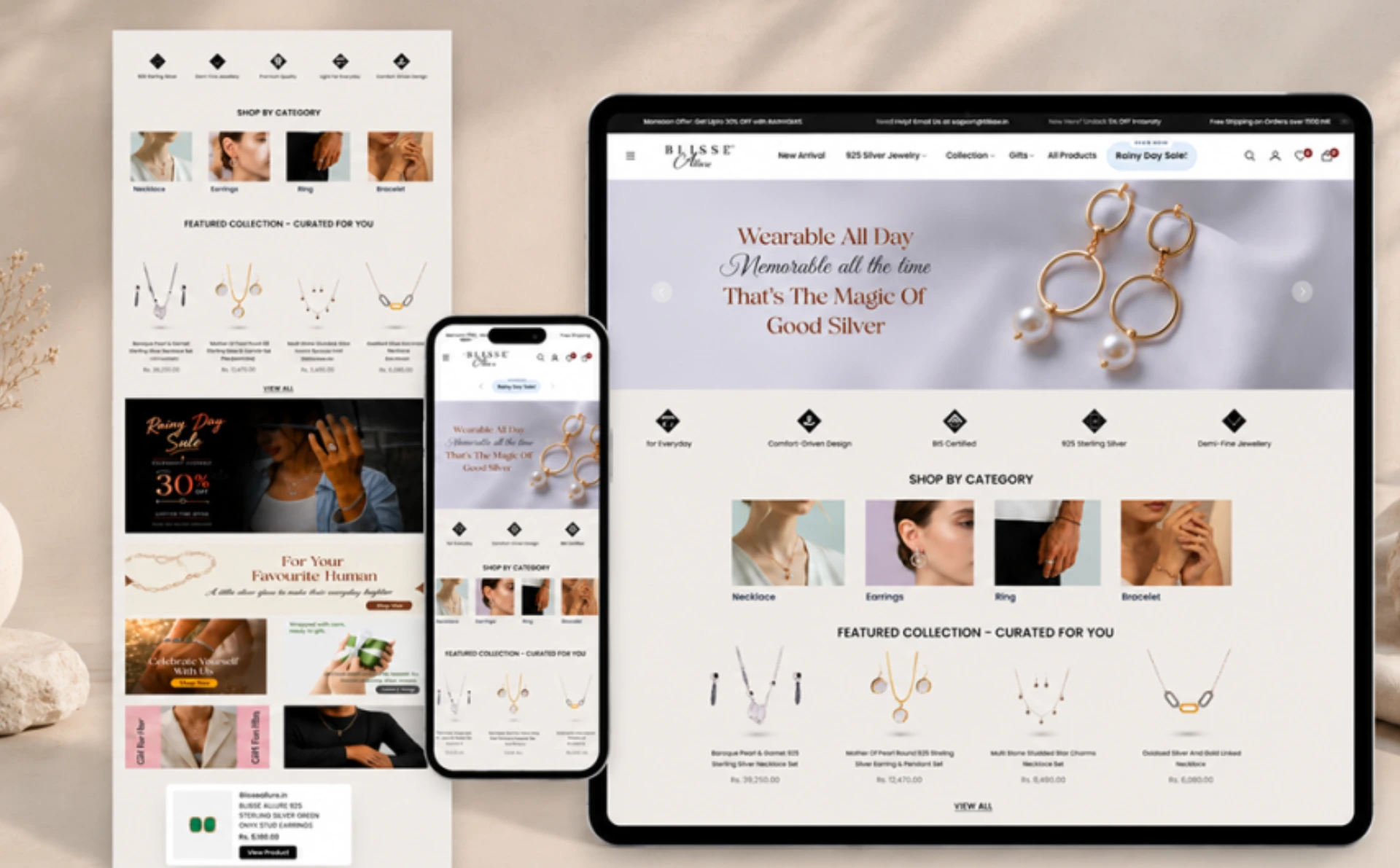 Blisse Allure jewellery e-commerce website displayed across desktop, tablet, and mobile devices, featuring silver jewellery collections and product categories.