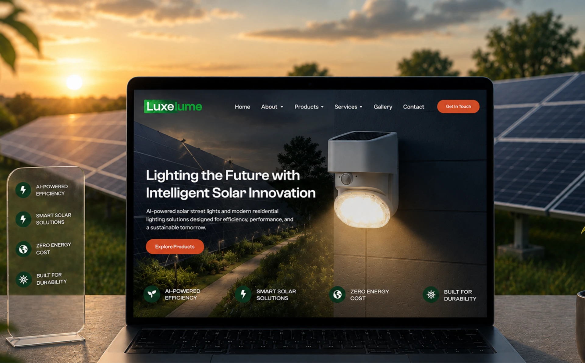 Luxelume solar lighting website displayed on a laptop against a solar panel landscape at sunset.