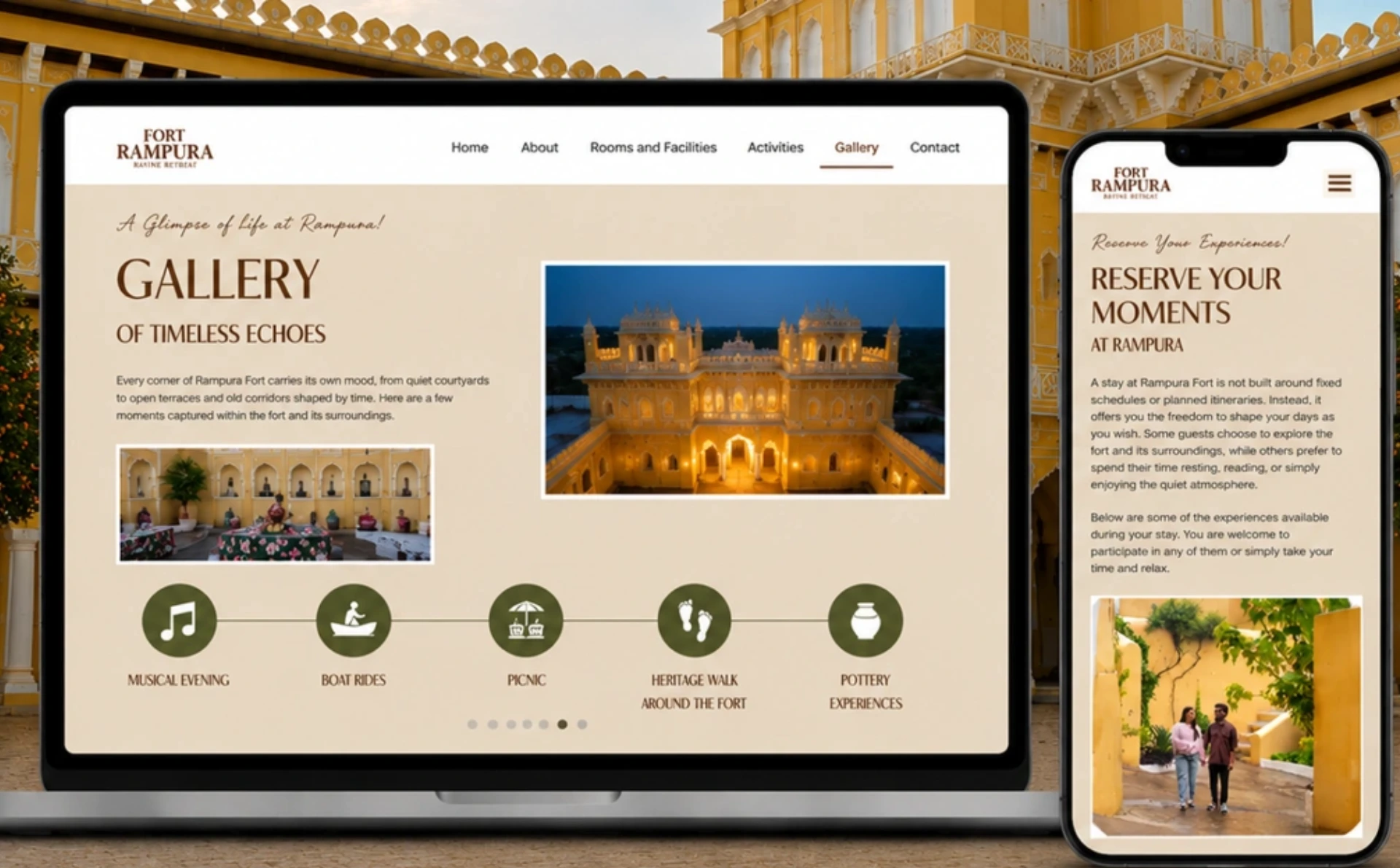 Fort Rampura heritage retreat website displayed responsively on a laptop and smartphone, featuring the gallery and guest experience sections.
