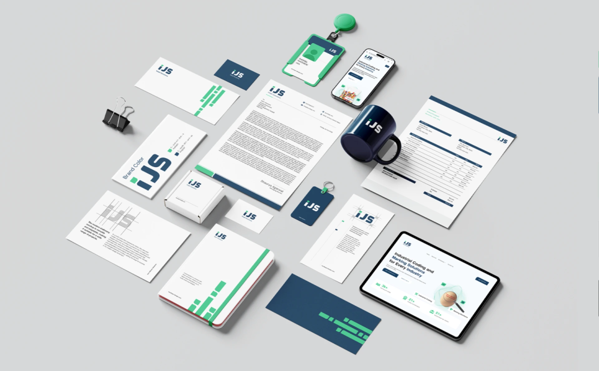 IJS brand identity showcase featuring stationery, business cards, ID card, mug, packaging, mobile interface, and website design.
