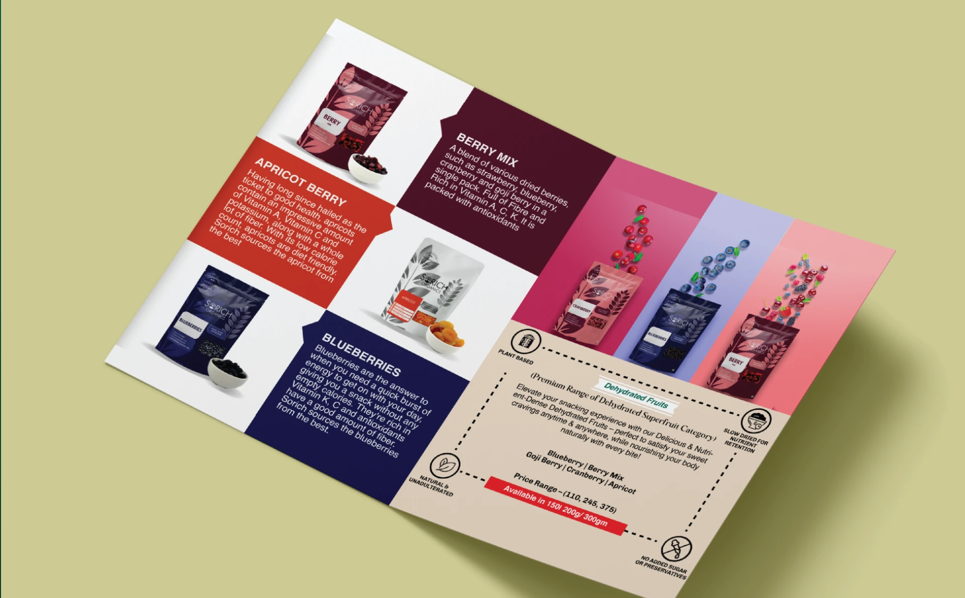 Sprich Organics product brochure spread featuring berry mix, apricot berry, and blueberry products with colorful packaging and detailed product information.