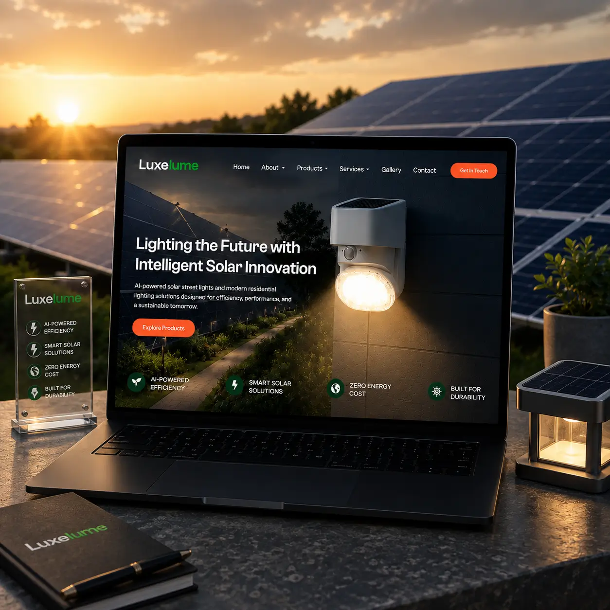 LuxeLume solar lighting website displayed on a laptop in front of solar panels at sunset.