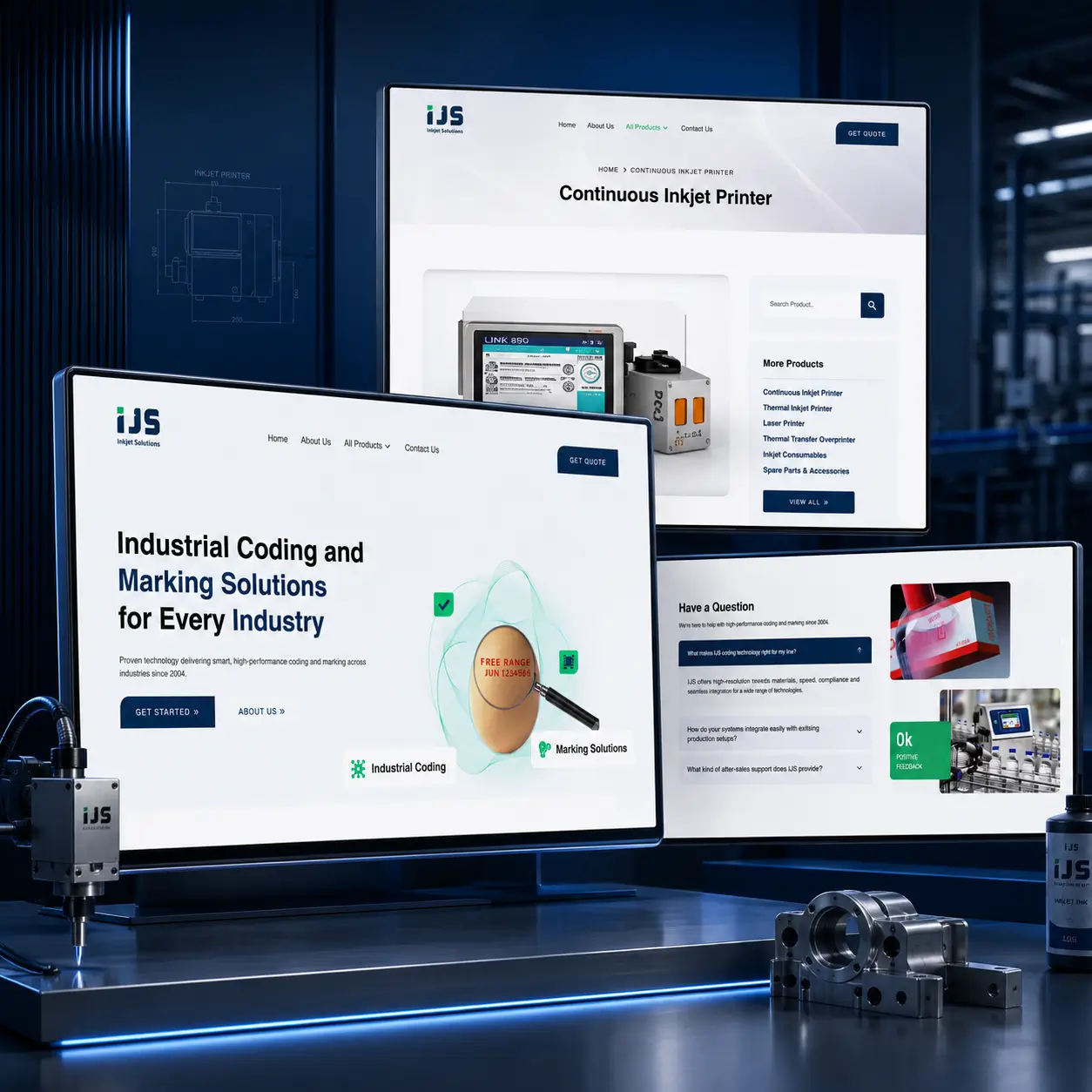 IJS Inkjet Solutions website showcase featuring industrial coding and marking solutions, continuous inkjet printer product page, and responsive web design displayed on multiple monitors.