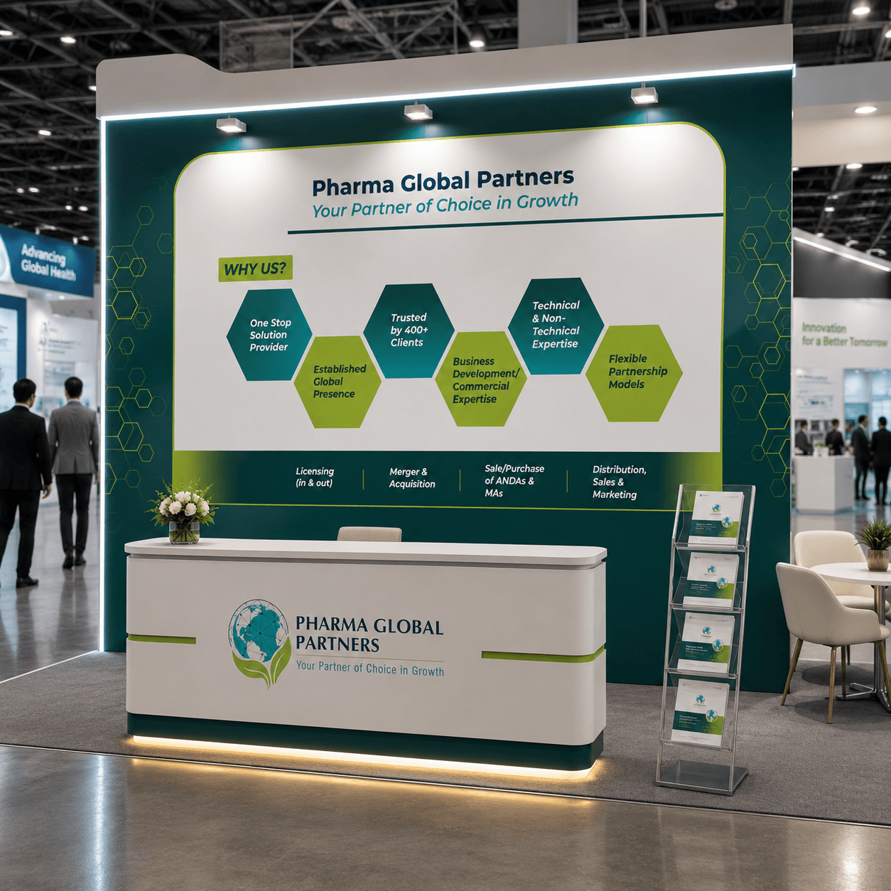 Pharma Global Partners exhibition stall with branded backdrop, reception counter, brochure stand, and meeting area.