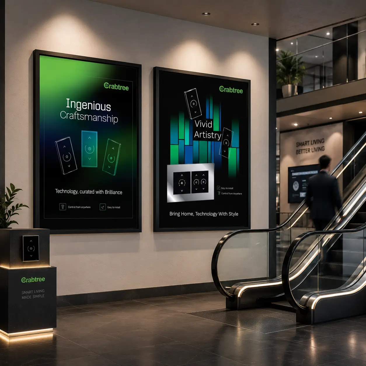 Crabtree smart living promotional posters displayed in a modern commercial interior, showcasing smart switch designs and home automation features.