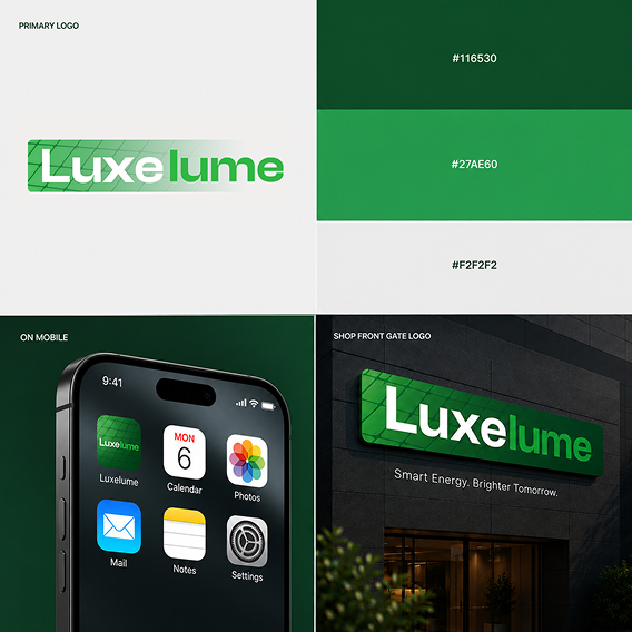 LuxeLume brand identity presentation featuring the primary logo, green color palette, mobile app branding, and storefront signage.