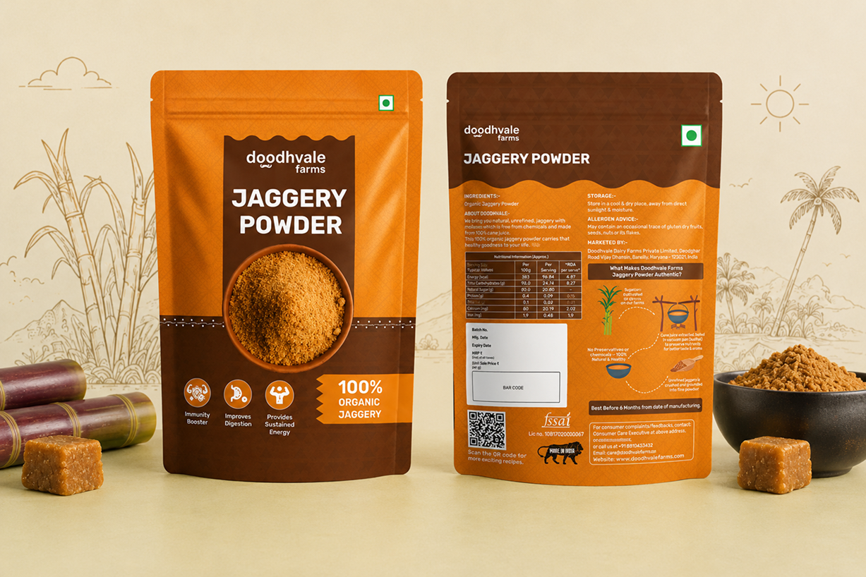 Doodhvale Farms Jaggery Powder packaging showcase featuring front and back pouch designs with sugarcane and jaggery elements.