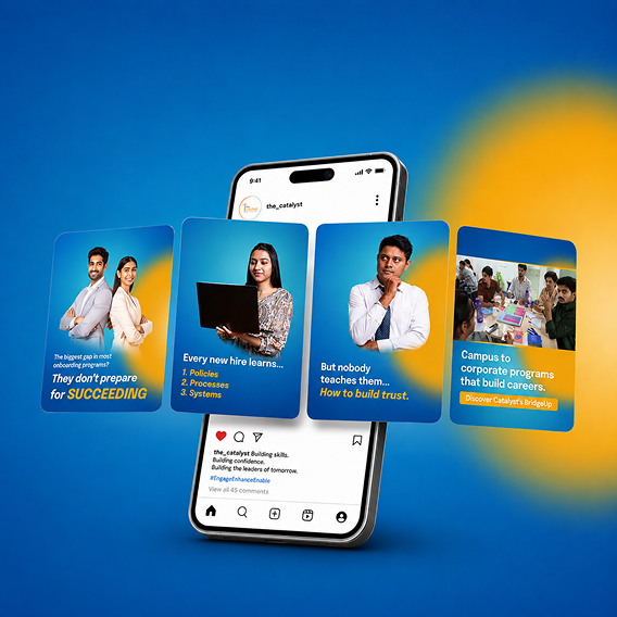 The Catalyst Instagram carousel showcasing corporate training, employee onboarding, workplace learning, and career development through LinkedIn-style social media creatives.