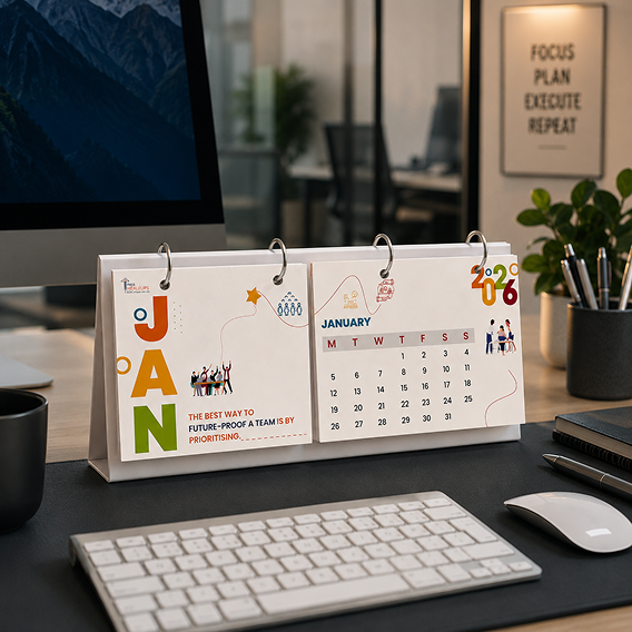 Talent Element 2026 desk calendar displayed on an office workstation, featuring a January leadership message and colourful editorial illustrations.