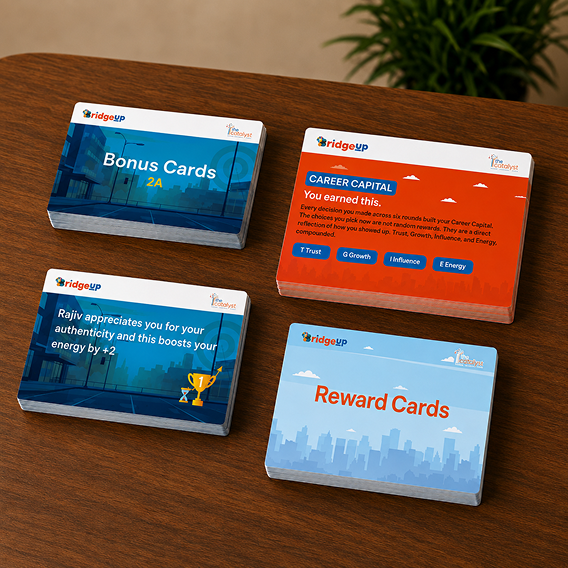 BridgeUp leadership training card decks featuring Bonus Cards, Career Capital cards, Reward Cards, and a player recognition card displayed on a wooden table.