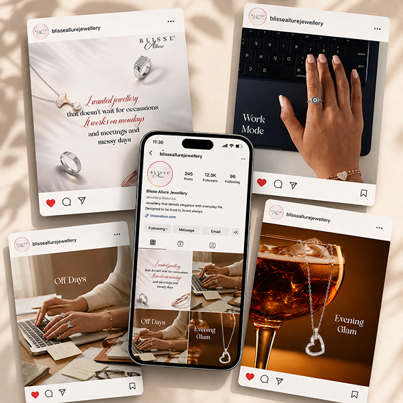 Blisse Allure Jewellery Instagram social media showcase featuring lifestyle posts about jewellery for work mode, off days, and evening glam, presented with a central Instagram profile mockup.
