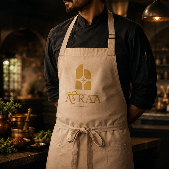 Chef wearing a beige apron featuring the gold Agraa restaurant logo in a warm, upscale kitchen setting.
