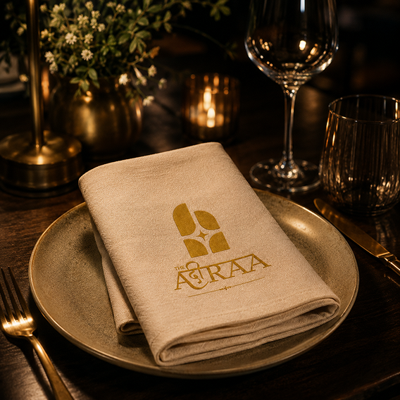 Folded beige restaurant napkin featuring The Agraa gold logo, placed on a ceramic plate in an elegant fine-dining table setting.