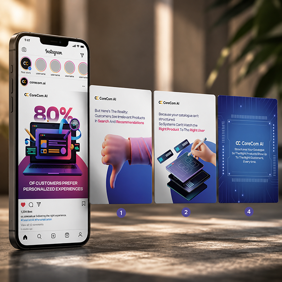 CoreCom AI Instagram campaign showcasing personalized customer experiences, product recommendations, and structured e-commerce catalog solutions.