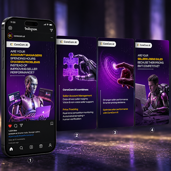 CoreCom AI Instagram campaign showcasing AI-powered seller performance, account management, price tracking, and automated e-commerce support.